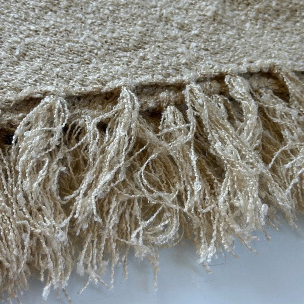 Beige Fringe Trim Knit Shawl Wrap Boho Vintage OS Layering Cozy Fall Scarf